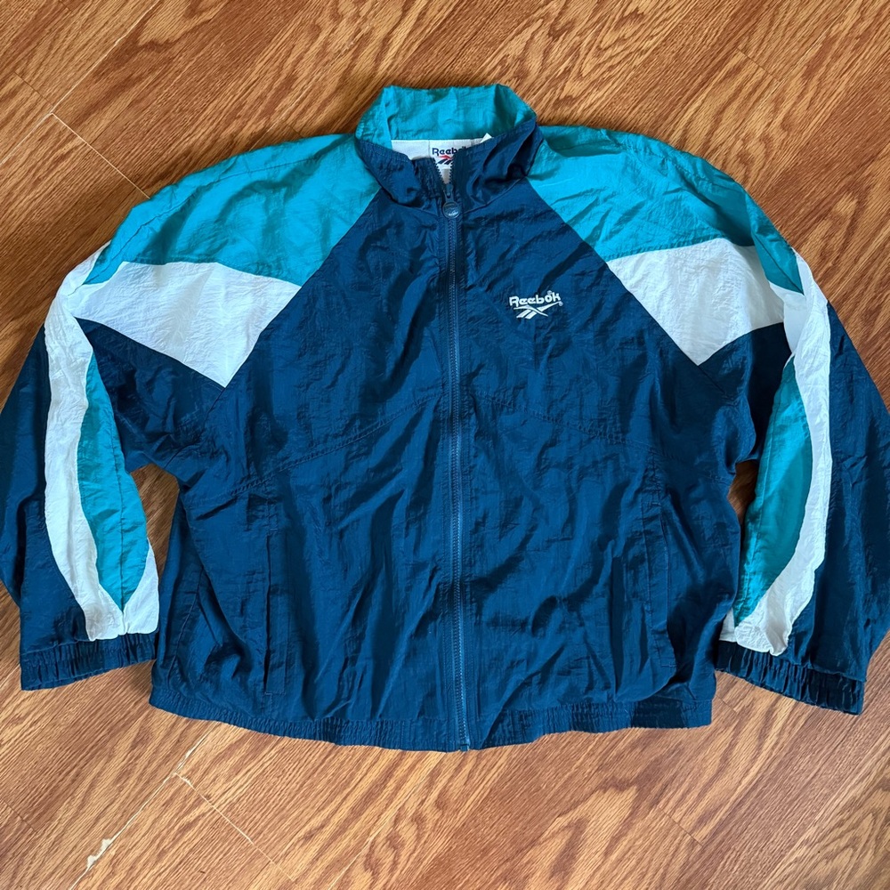 Vintage 90s Reebok Zip Up Windbreaker Jacket - Navy and Teal